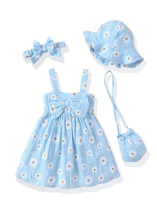 SODLON Infant Summer Girl Dress Cute 6-9 Month Baby Girl Clothes Big Bow Blue Daisy Flower Sundress Beach Casual Sleeveless 9-12 Month Dresses with Sunhat Floral Party Outfits for Girls - Image 1